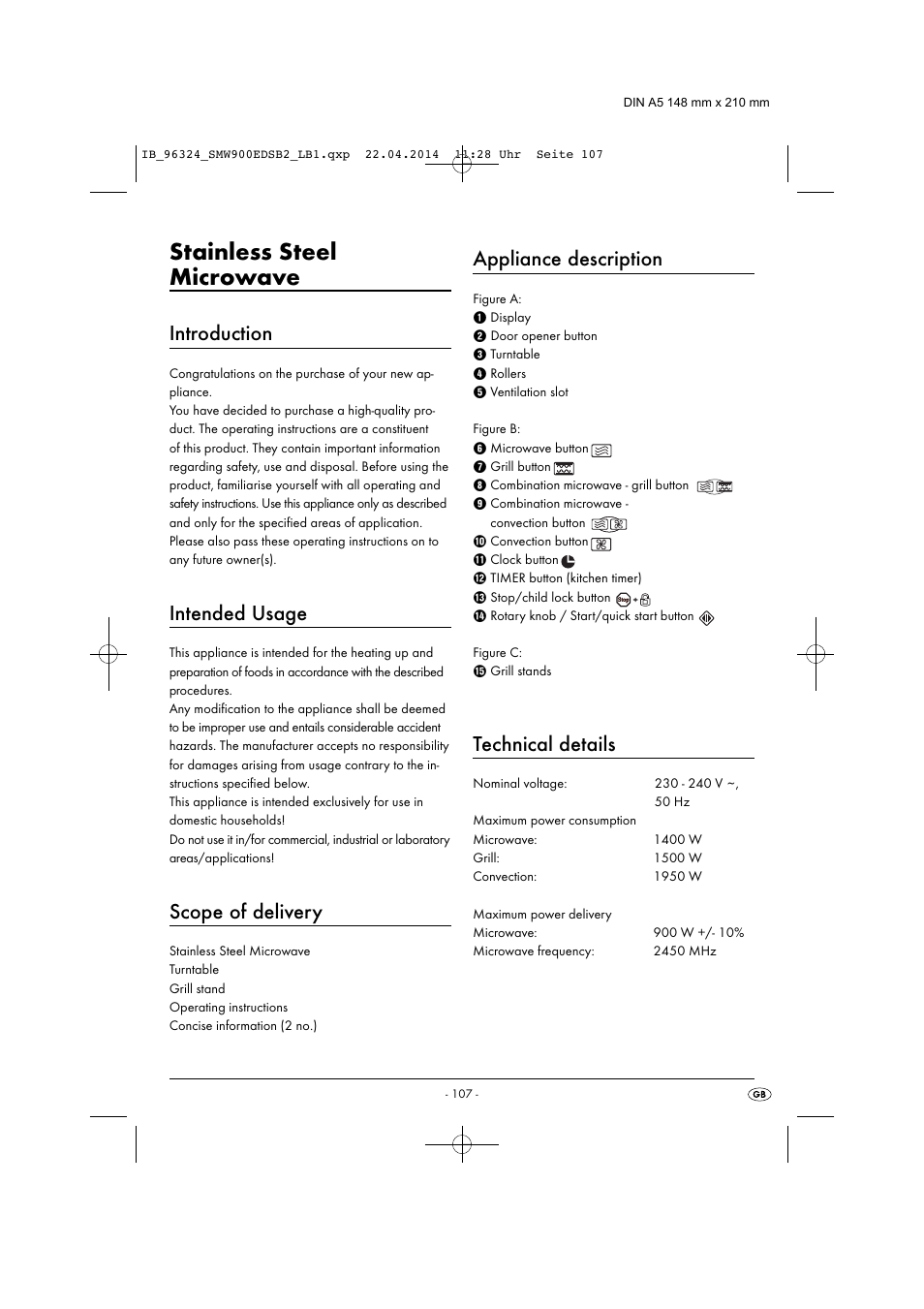 Stainless steel microwave, Introduction, Intended usage | Scope of delivery, Appliance description, Technical details | Silvercrest SMW 900 EDS B2 User Manual | Page 110 / 134