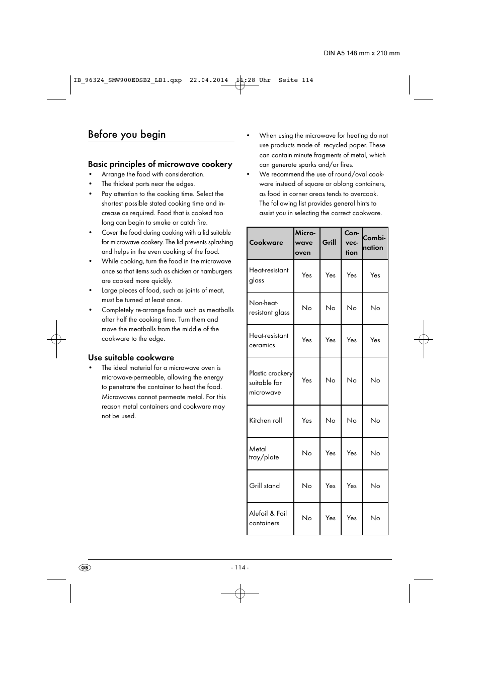 Before you begin, Basic principles of microwave cookery, Use suitable cookware | Silvercrest SMW 900 EDS B2 User Manual | Page 117 / 134