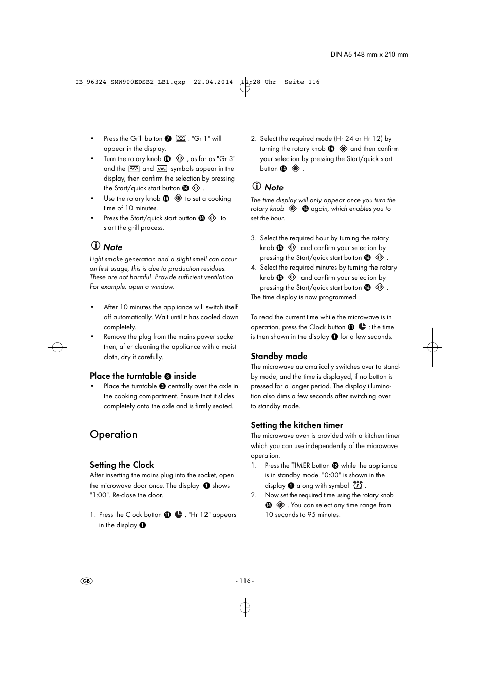 Operation, Place the turntable, Inside | Setting the clock, Standby mode, Setting the kitchen timer | Silvercrest SMW 900 EDS B2 User Manual | Page 119 / 134