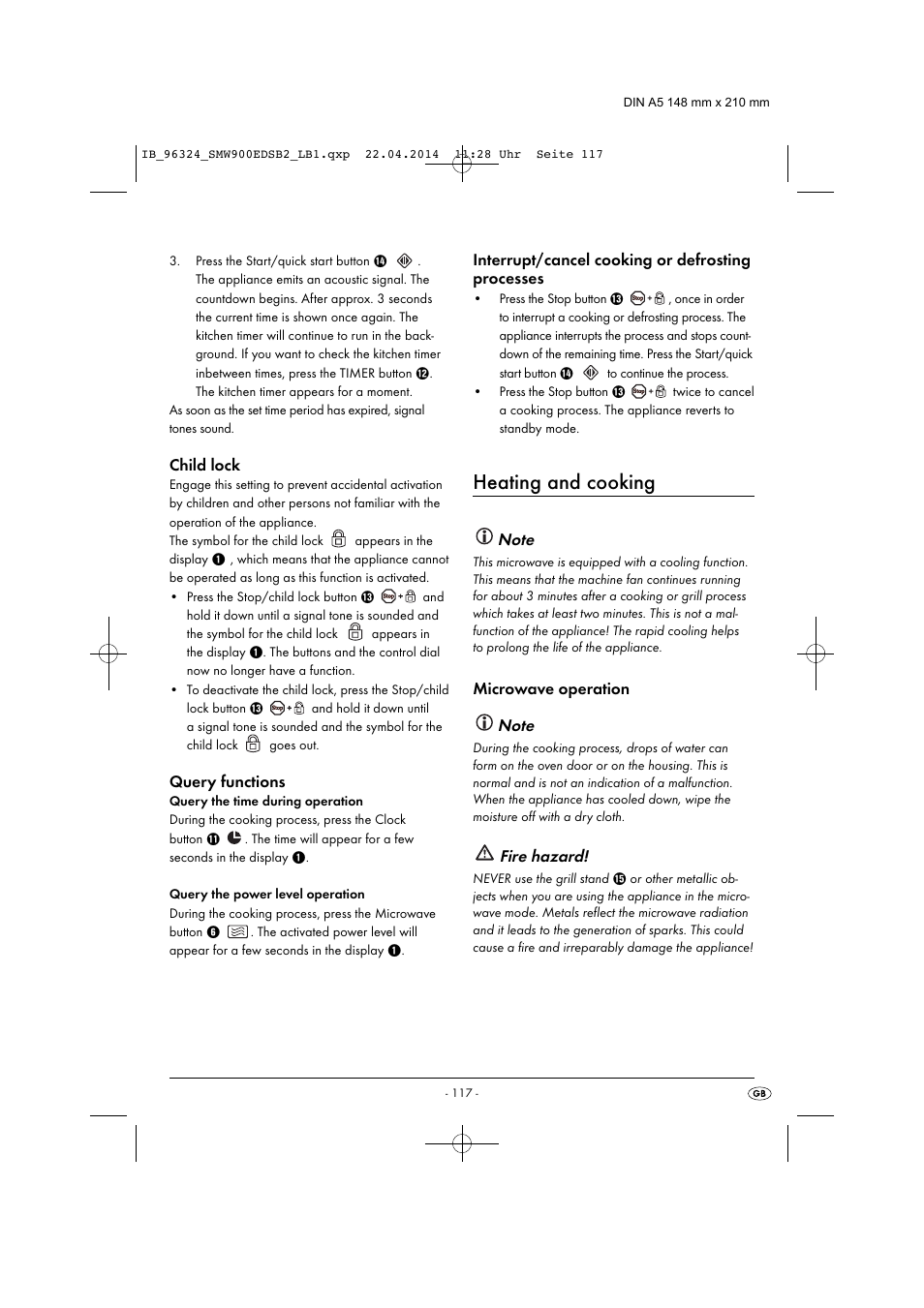 Heating and cooking, Fire hazard | Silvercrest SMW 900 EDS B2 User Manual | Page 120 / 134