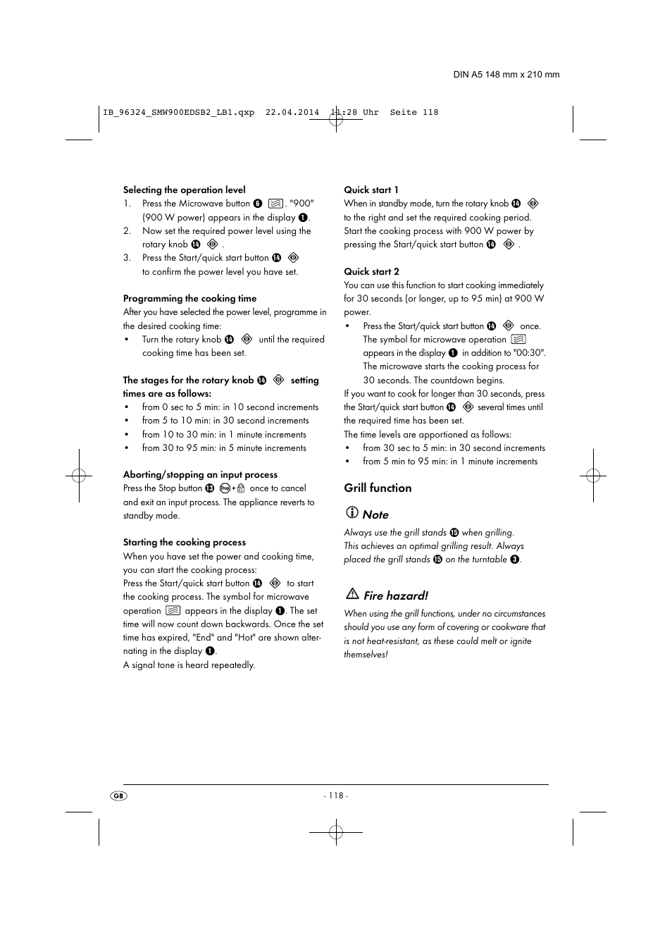 Fire hazard, Grill function | Silvercrest SMW 900 EDS B2 User Manual | Page 121 / 134