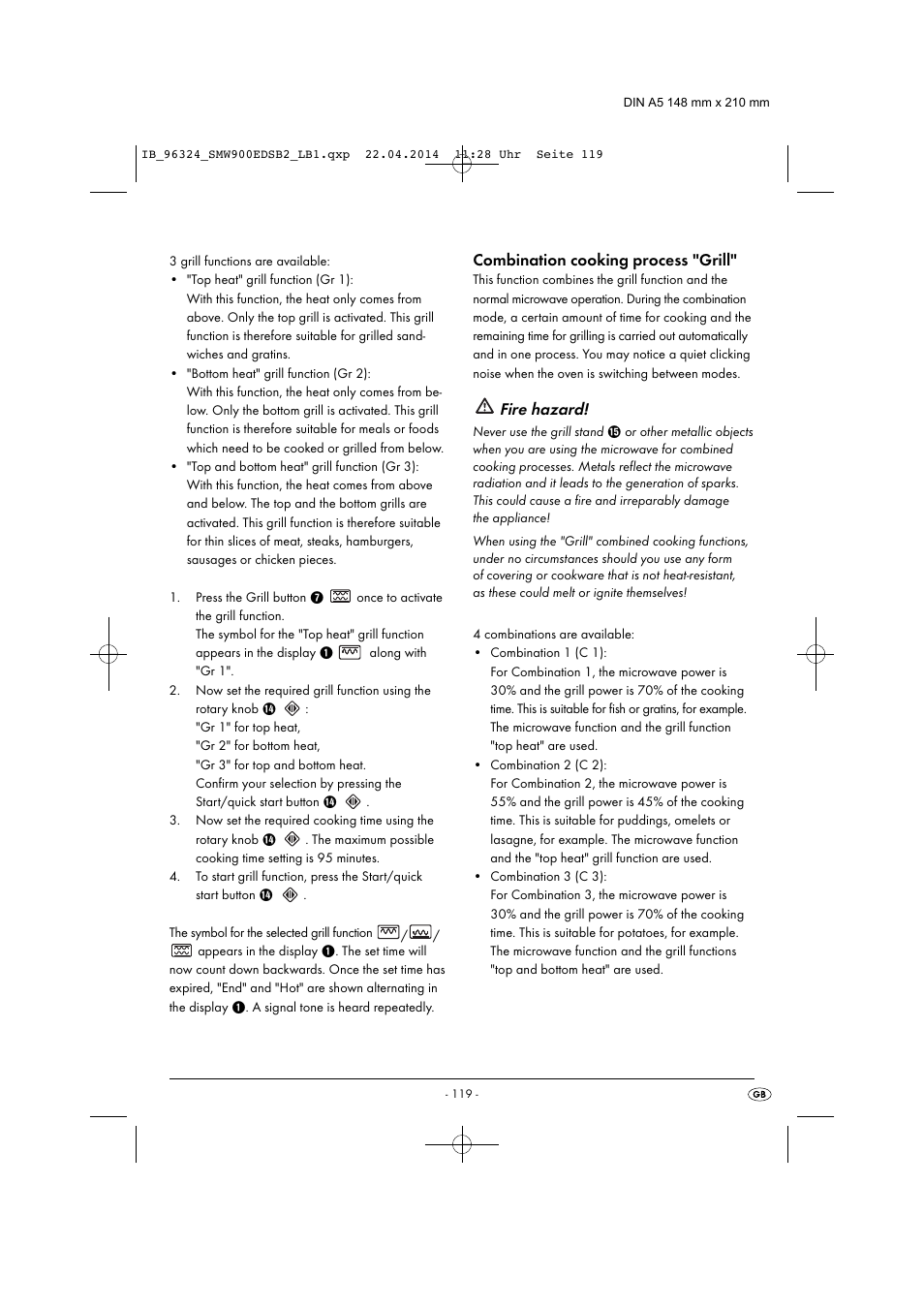 Fire hazard, Combination cooking process "grill | Silvercrest SMW 900 EDS B2 User Manual | Page 122 / 134