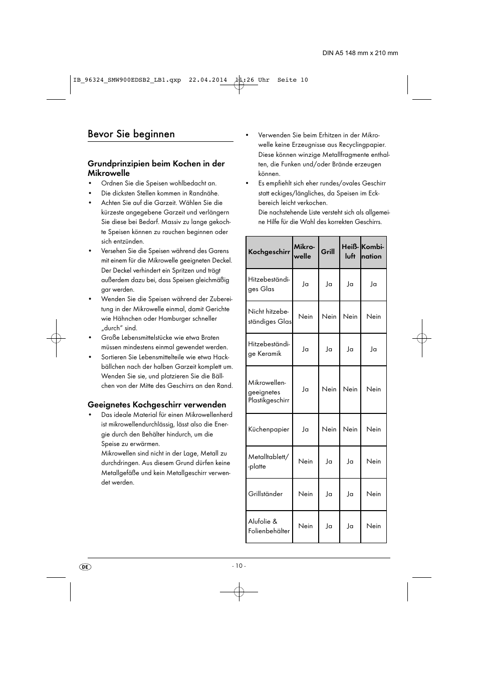 Bevor sie beginnen, Grundprinzipien beim kochen in der mikrowelle, Geeignetes kochgeschirr verwenden | Silvercrest SMW 900 EDS B2 User Manual | Page 13 / 134