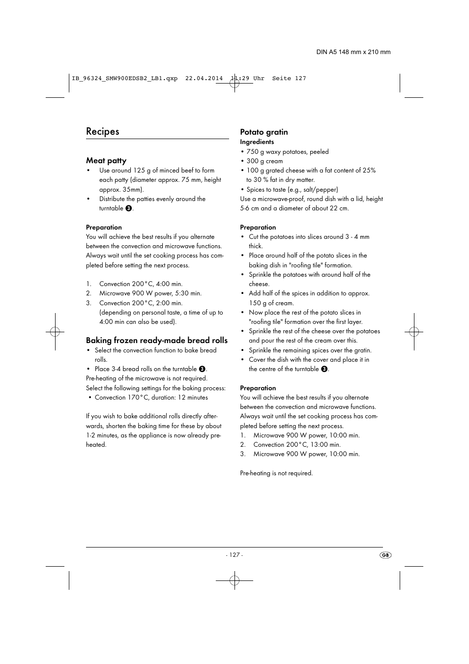 Recipes, Meat patty, Baking frozen ready-made bread rolls | Potato gratin | Silvercrest SMW 900 EDS B2 User Manual | Page 130 / 134