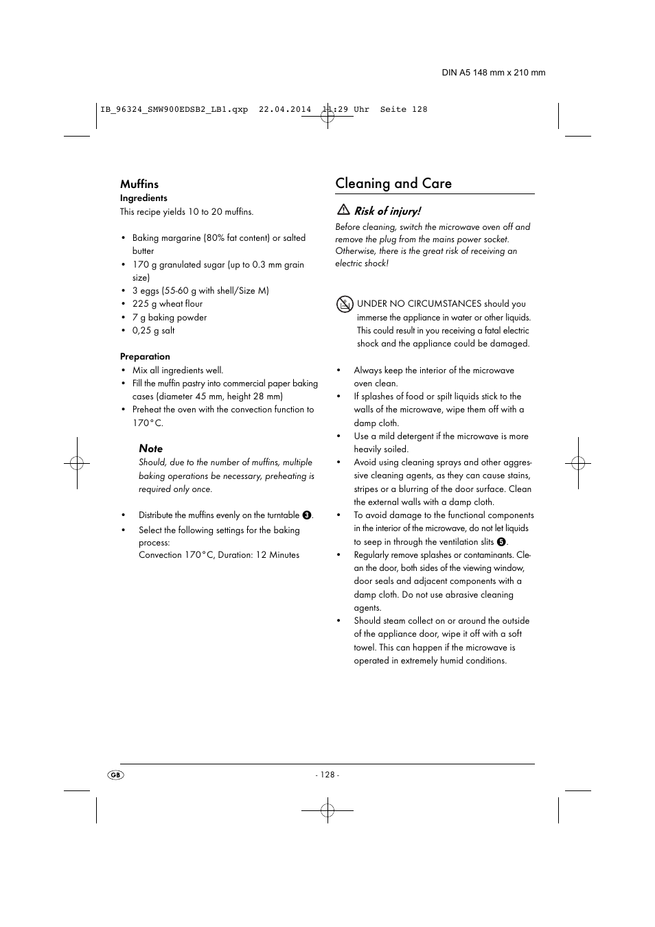 Cleaning and care, Risk of injury, Muffins | Silvercrest SMW 900 EDS B2 User Manual | Page 131 / 134