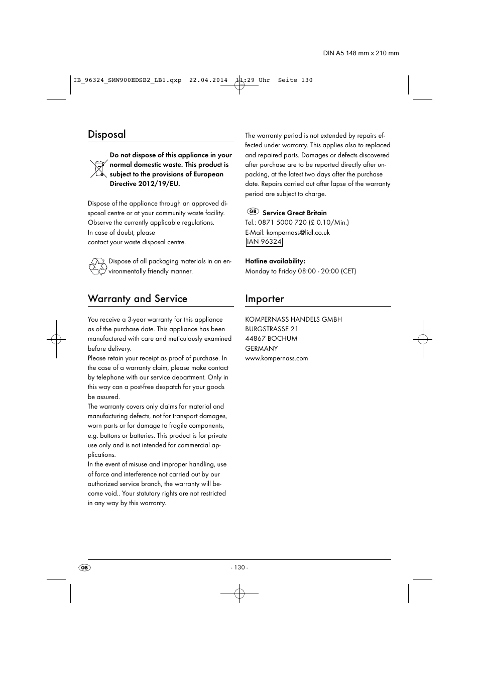 Disposal, Warranty and service, Importer | Silvercrest SMW 900 EDS B2 User Manual | Page 133 / 134