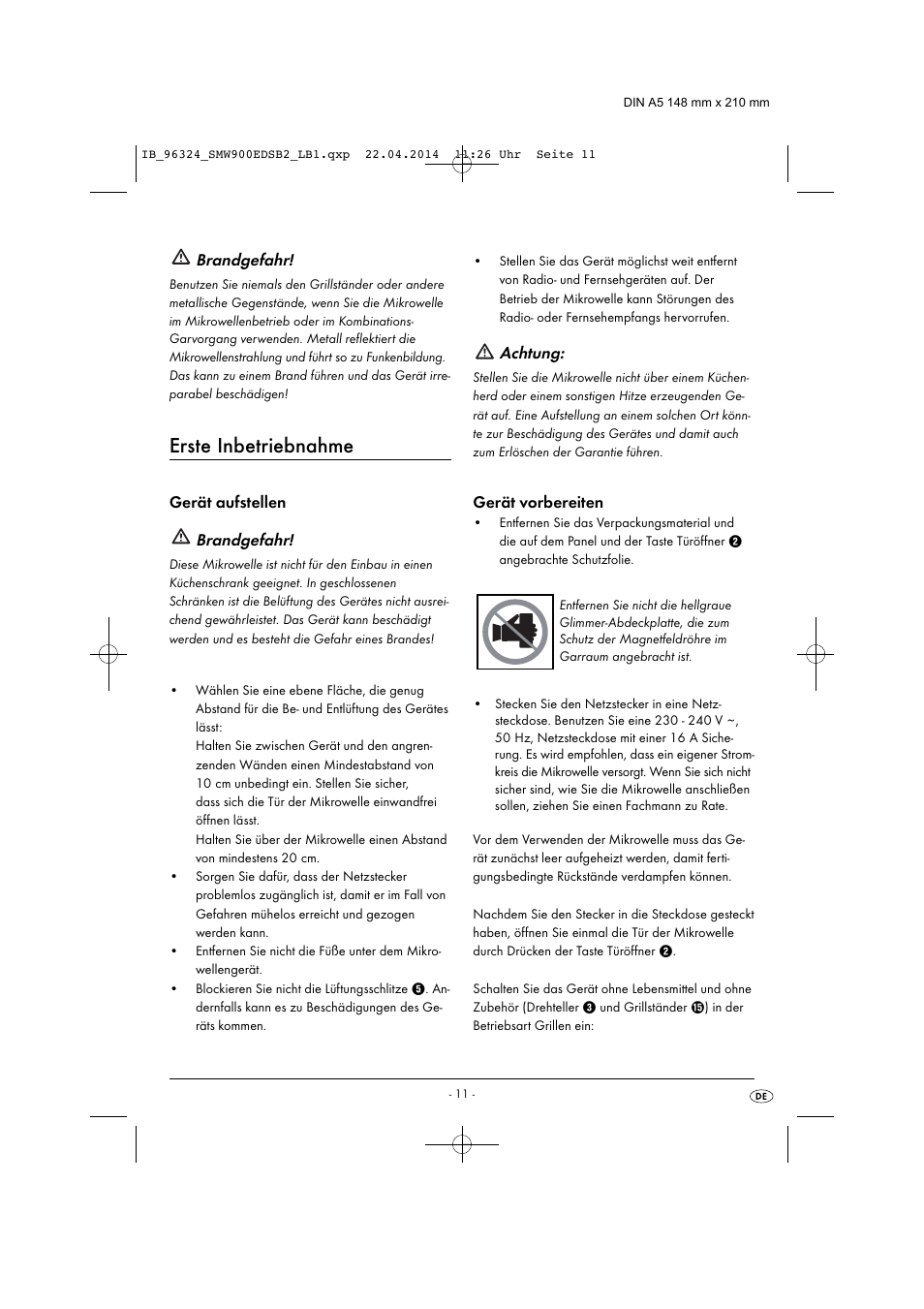 Erste inbetriebnahme, Brandgefahr, Achtung | Silvercrest SMW 900 EDS B2 User Manual | Page 14 / 134