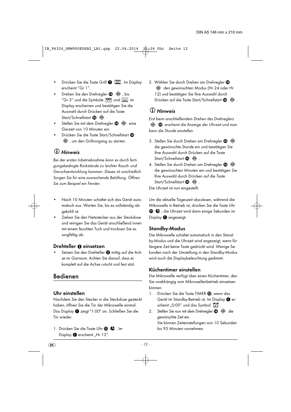 Bedienen, Hinweis, Drehteller | Einsetzen, Uhr einstellen, Standby-modus, Küchentimer einstellen | Silvercrest SMW 900 EDS B2 User Manual | Page 15 / 134