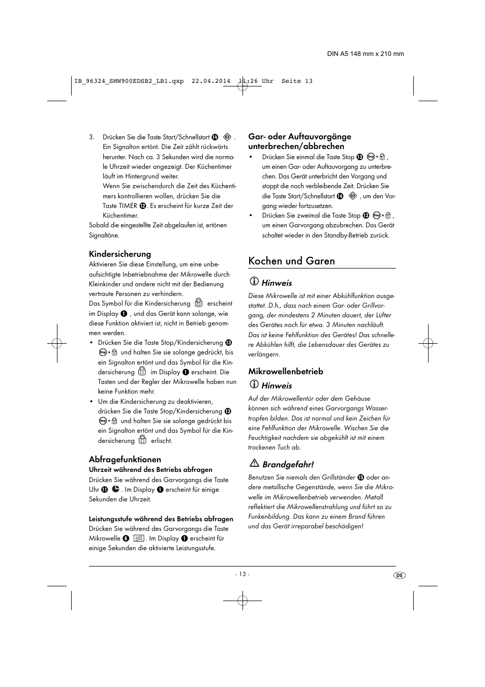 Kochen und garen, Hinweis, Brandgefahr | Silvercrest SMW 900 EDS B2 User Manual | Page 16 / 134