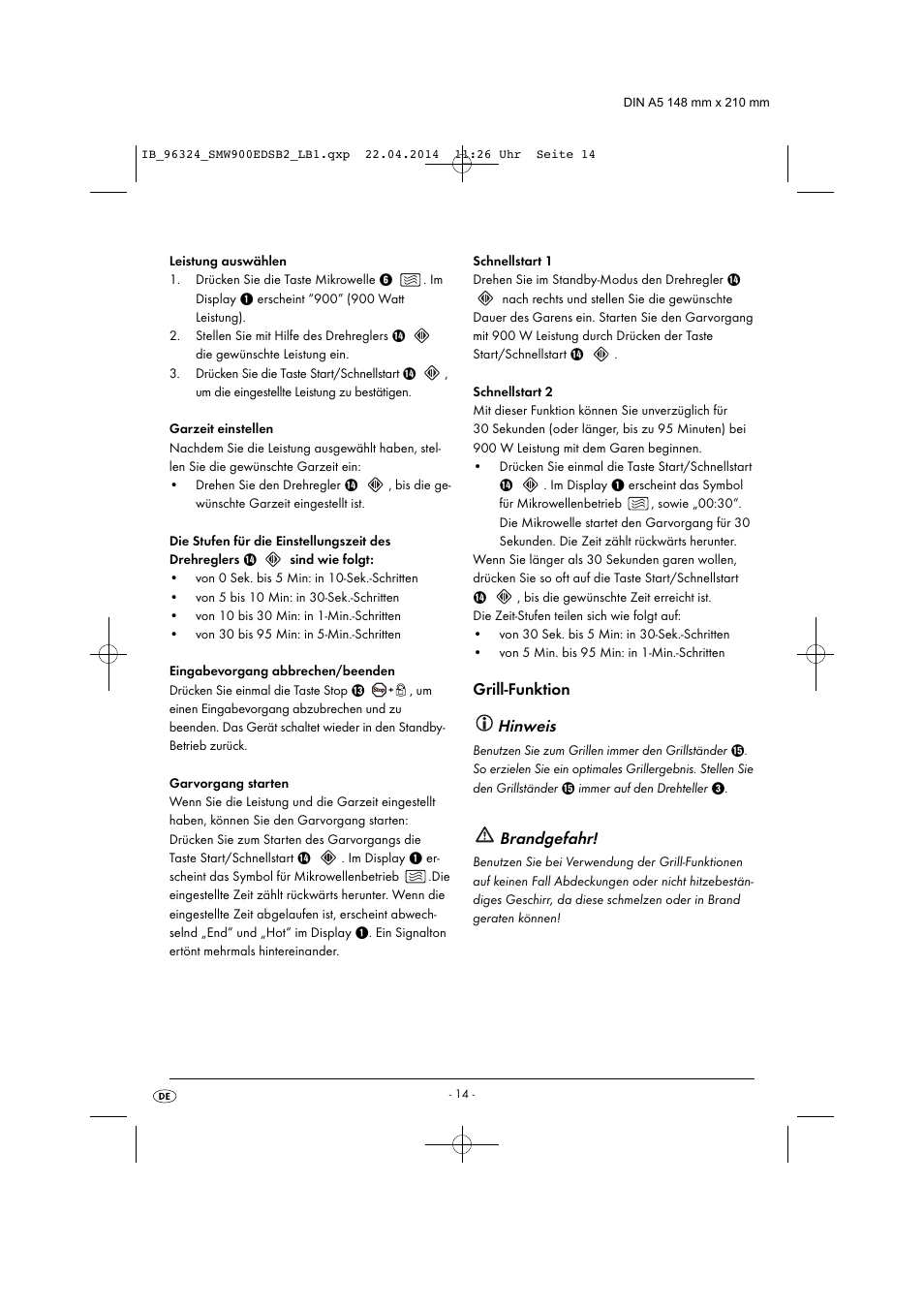 Hinweis, Brandgefahr, Grill-funktion | Silvercrest SMW 900 EDS B2 User Manual | Page 17 / 134