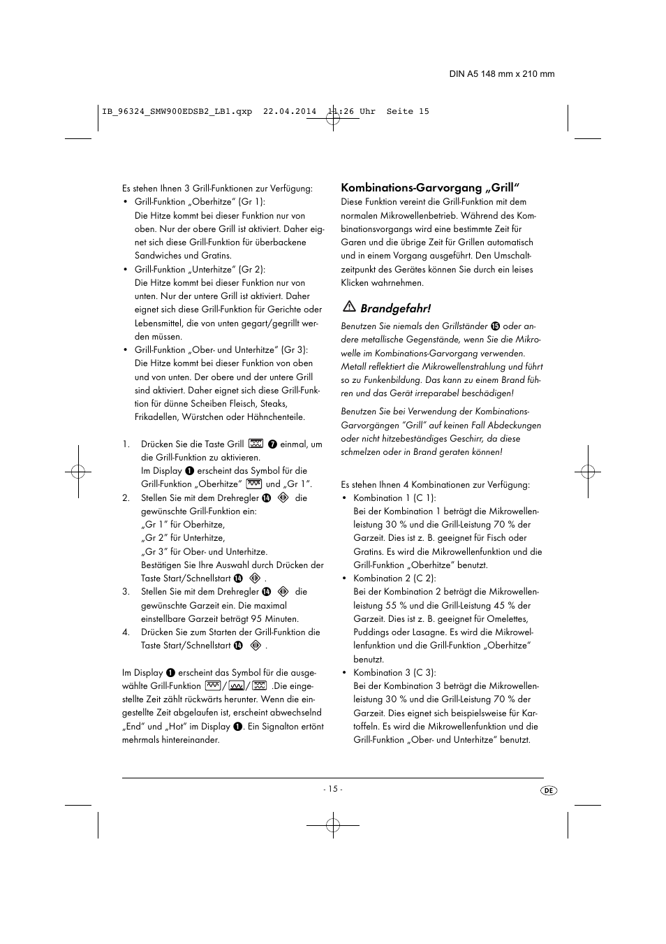 Brandgefahr, Kombinations-garvorgang „grill | Silvercrest SMW 900 EDS B2 User Manual | Page 18 / 134