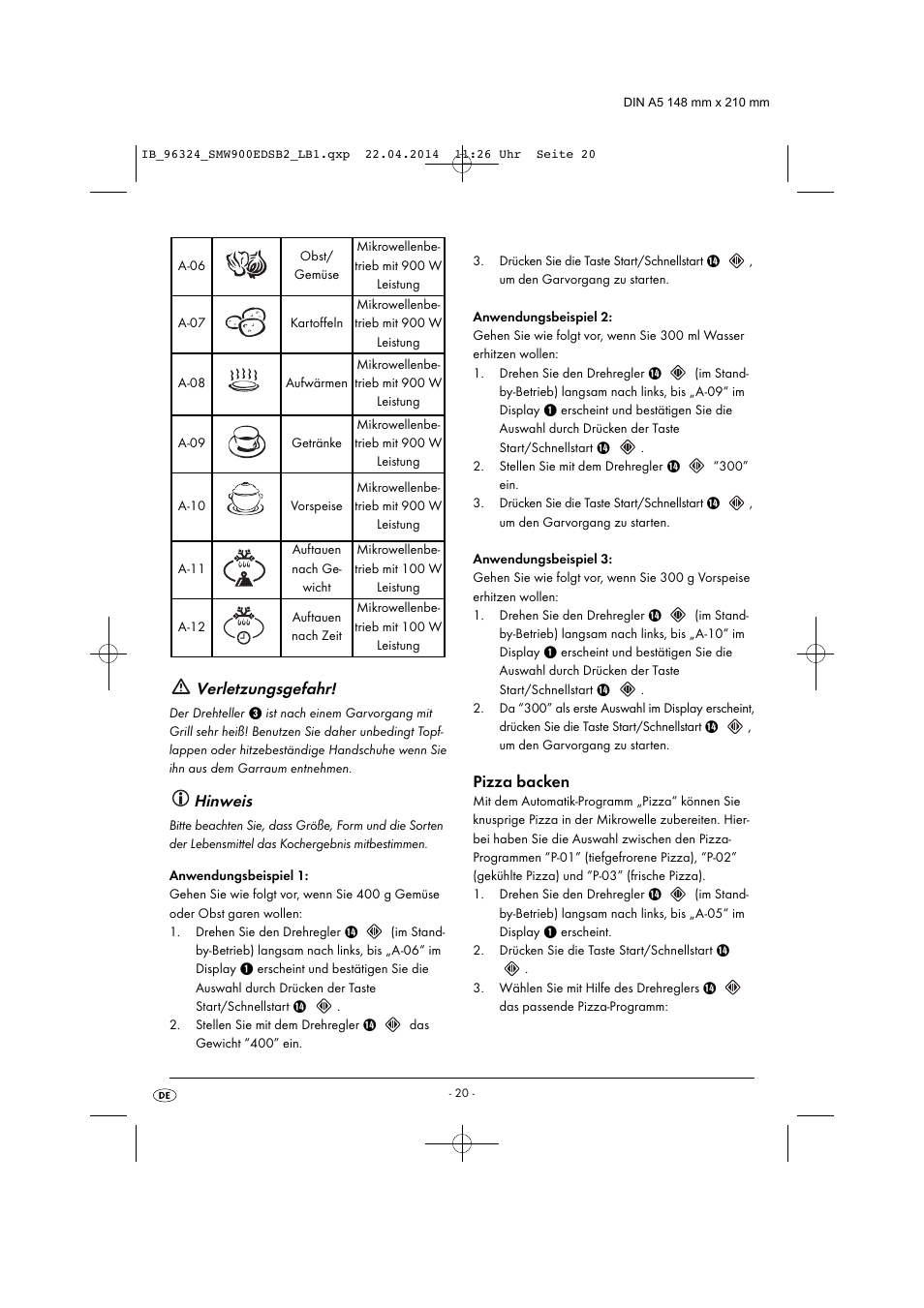 Verletzungsgefahr, Hinweis, Pizza backen | Silvercrest SMW 900 EDS B2 User Manual | Page 23 / 134