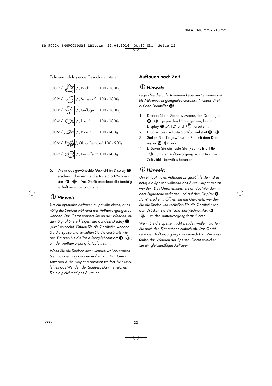 Hinweis, Auftauen nach zeit | Silvercrest SMW 900 EDS B2 User Manual | Page 25 / 134