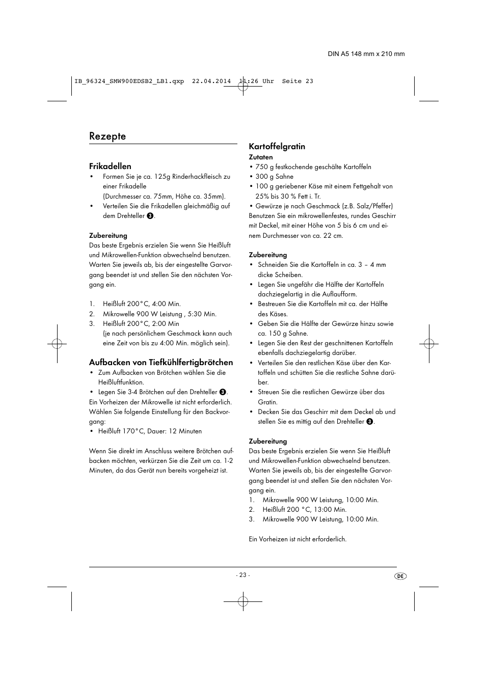 Rezepte, Frikadellen, Aufbacken von tiefkühlfertigbrötchen | Kartoffelgratin | Silvercrest SMW 900 EDS B2 User Manual | Page 26 / 134