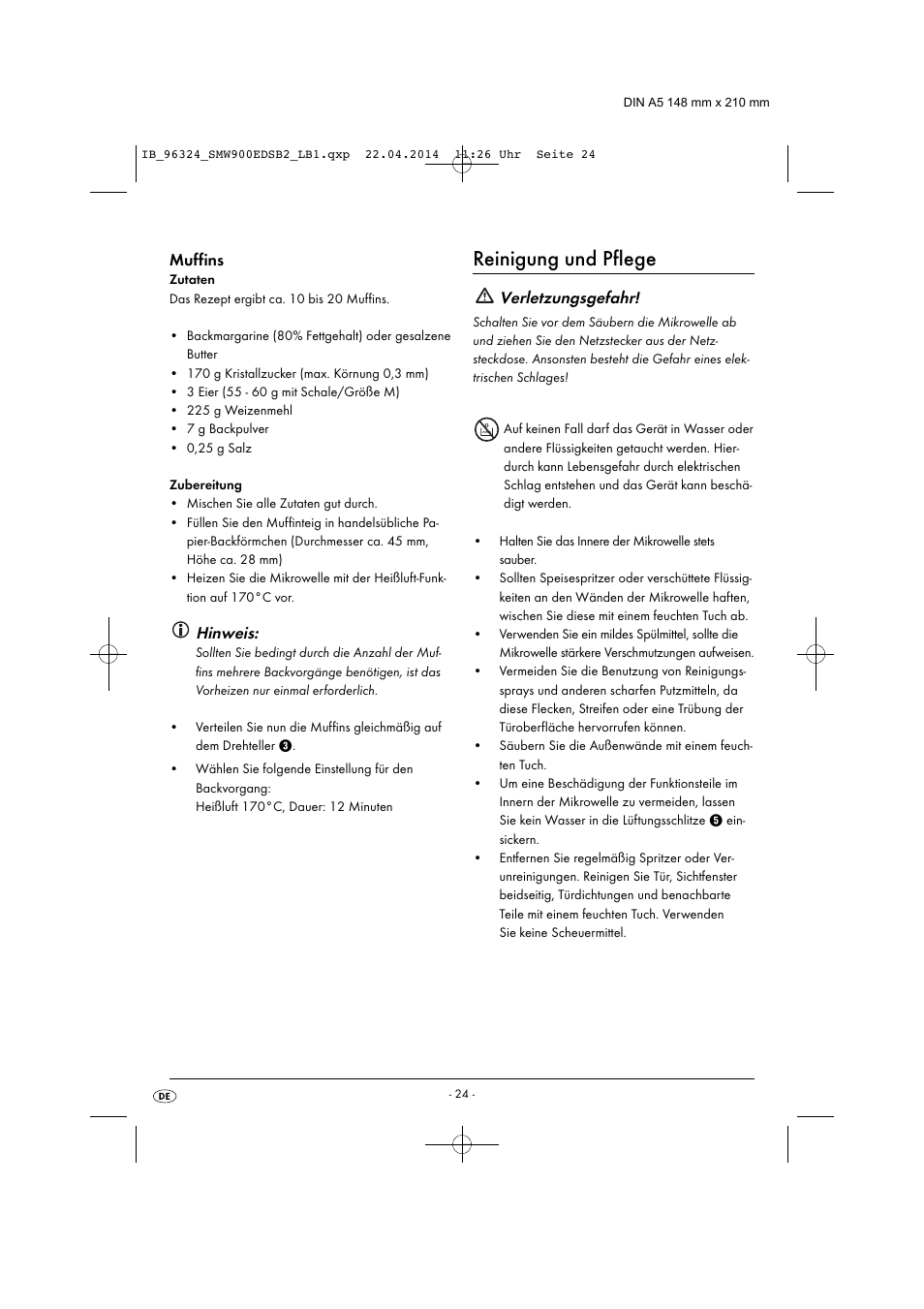 Reinigung und pflege, Hinweis, Verletzungsgefahr | Muffins | Silvercrest SMW 900 EDS B2 User Manual | Page 27 / 134