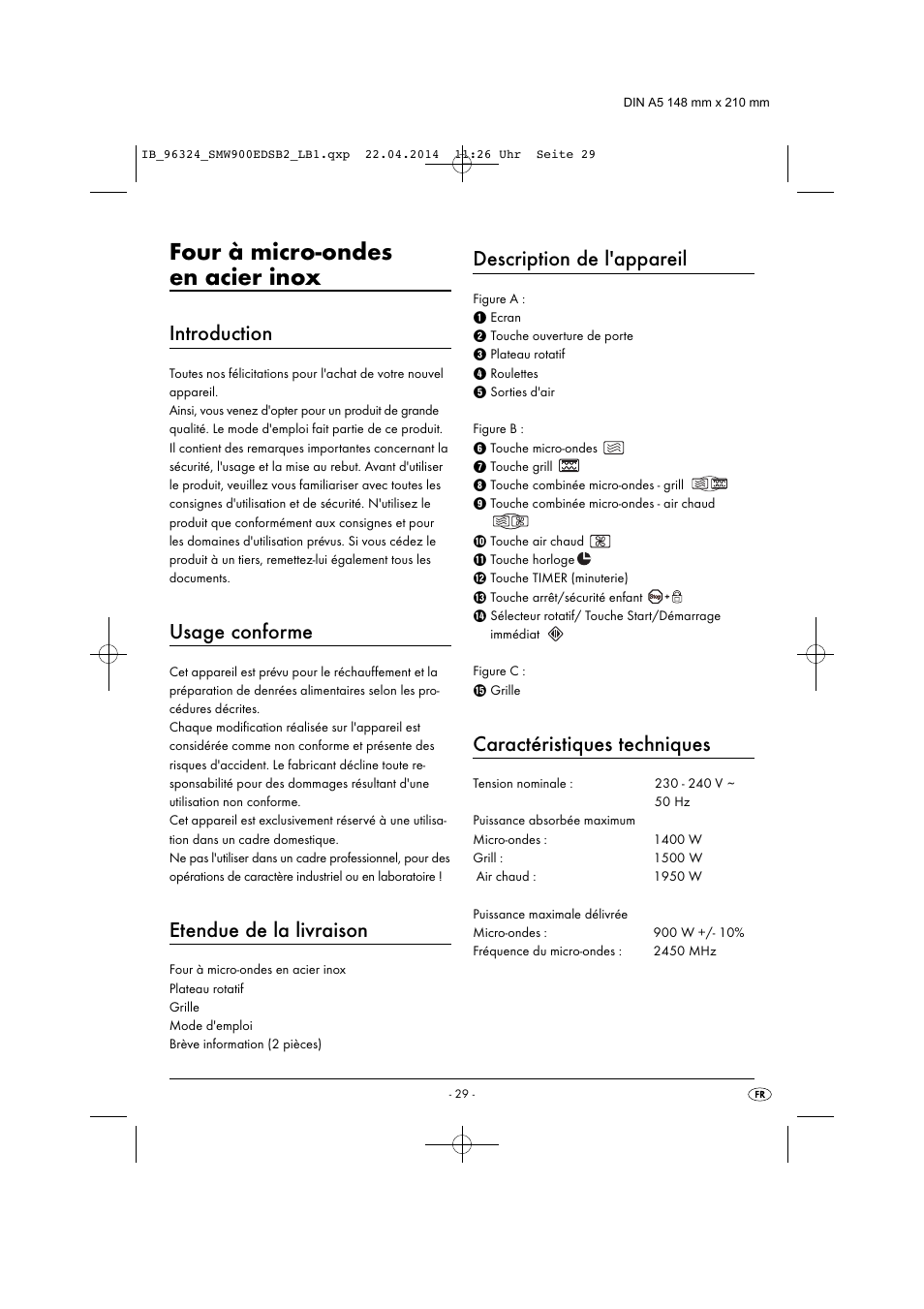 Four à micro-ondes en acier inox, Introduction, Usage conforme | Etendue de la livraison, Description de l'appareil, Caractéristiques techniques | Silvercrest SMW 900 EDS B2 User Manual | Page 32 / 134