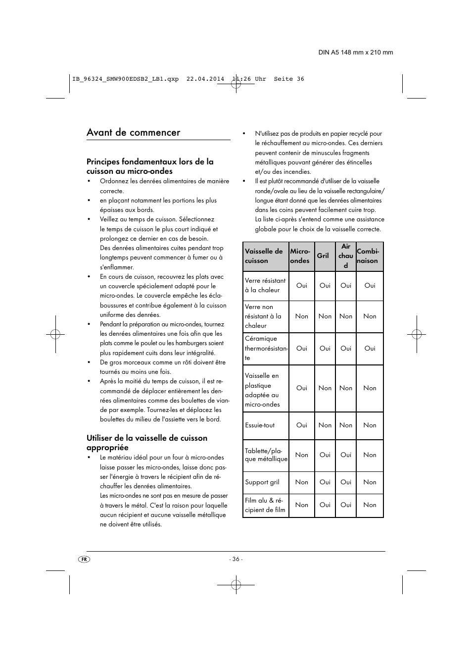 Avant de commencer, Utiliser de la vaisselle de cuisson appropriée | Silvercrest SMW 900 EDS B2 User Manual | Page 39 / 134