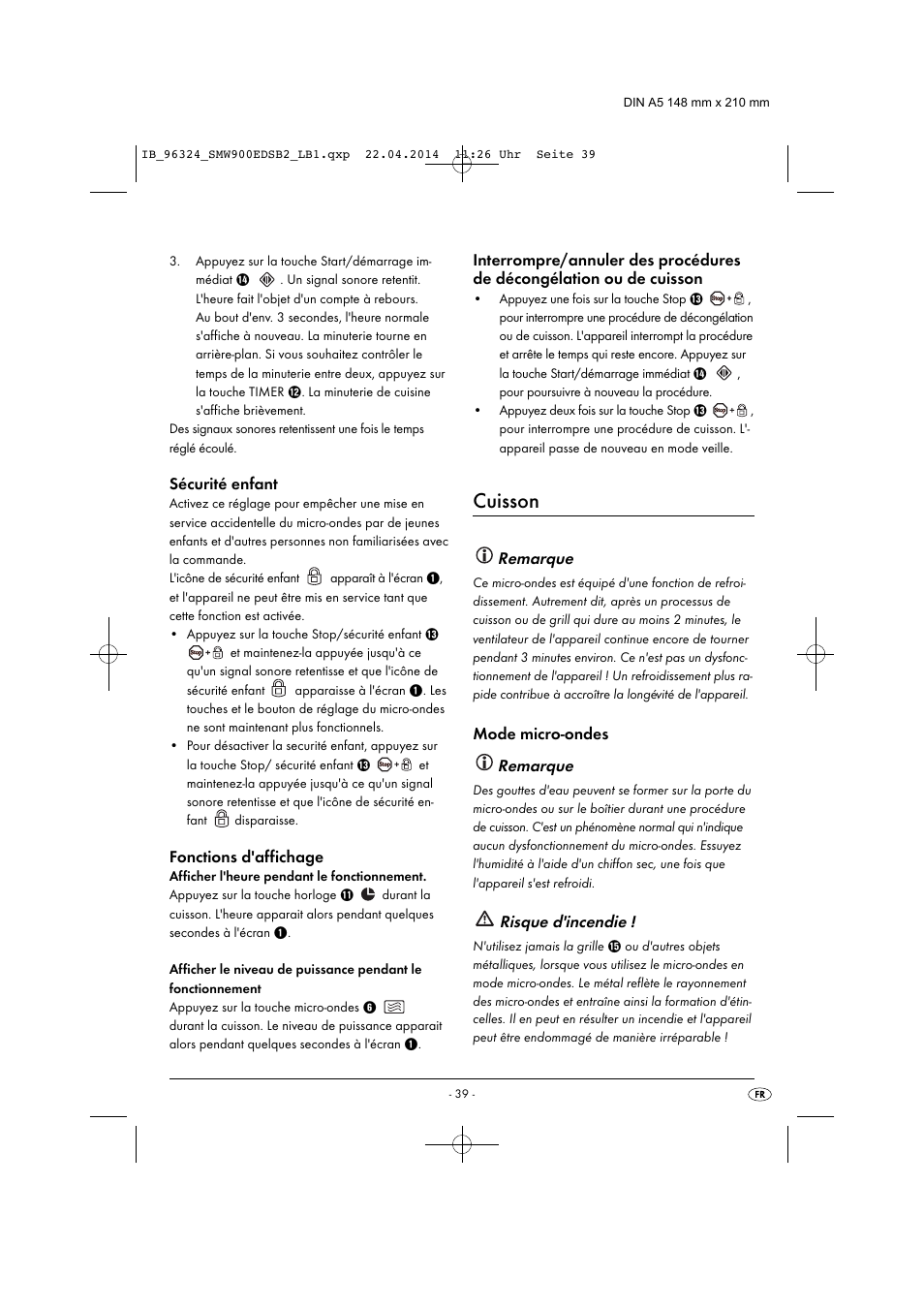 Cuisson, Remarque, Risque d'incendie | Silvercrest SMW 900 EDS B2 User Manual | Page 42 / 134