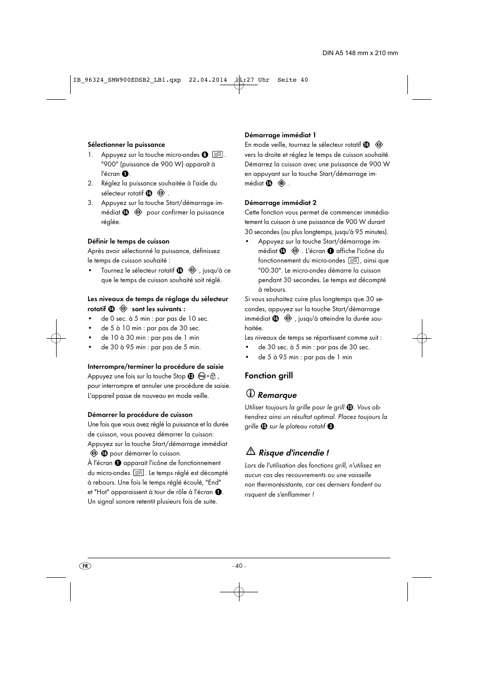 Remarque, Risque d'incendie, Fonction grill | Silvercrest SMW 900 EDS B2 User Manual | Page 43 / 134