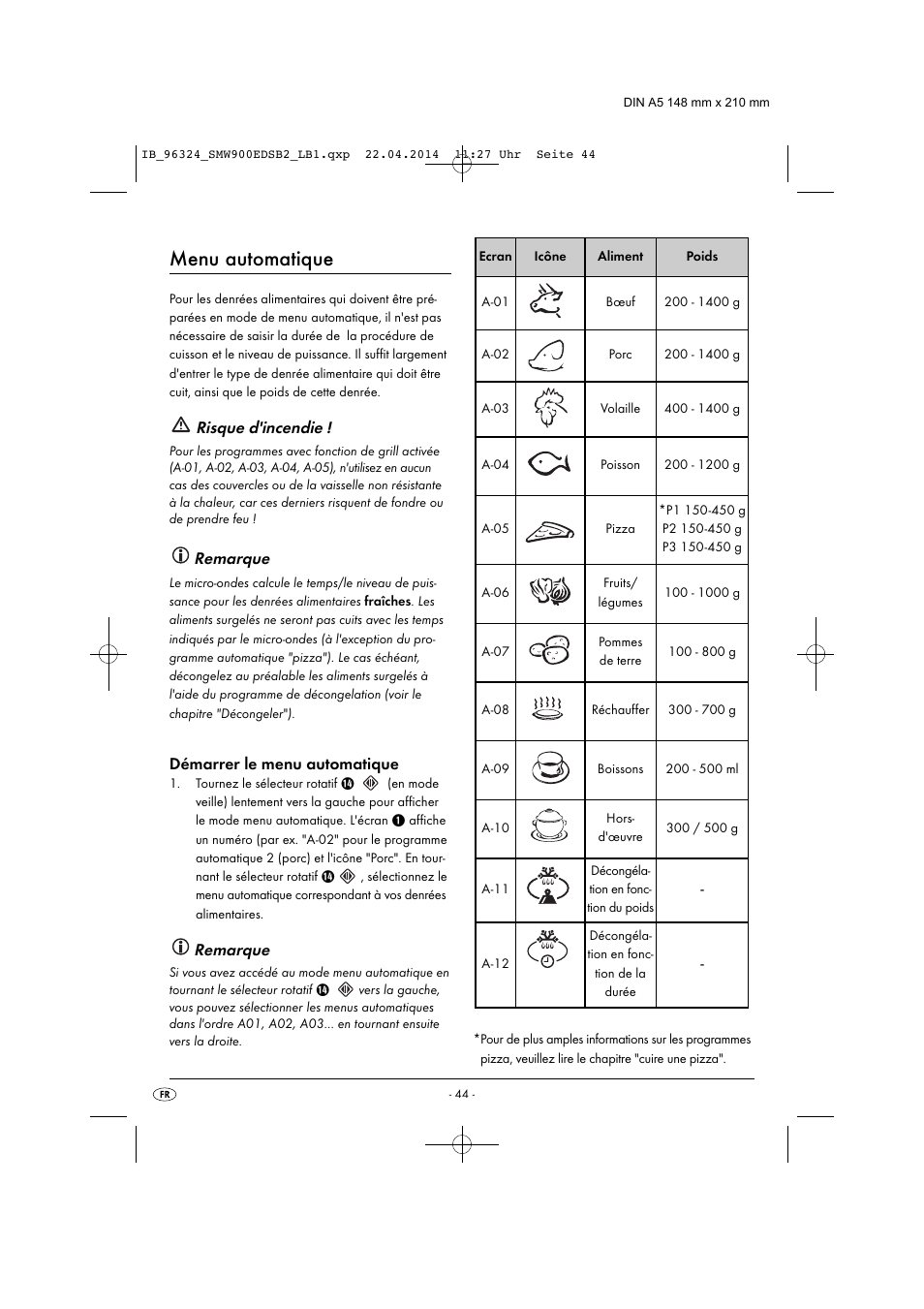 Menu automatique, Risque d'incendie, Remarque | Démarrer le menu automatique | Silvercrest SMW 900 EDS B2 User Manual | Page 47 / 134