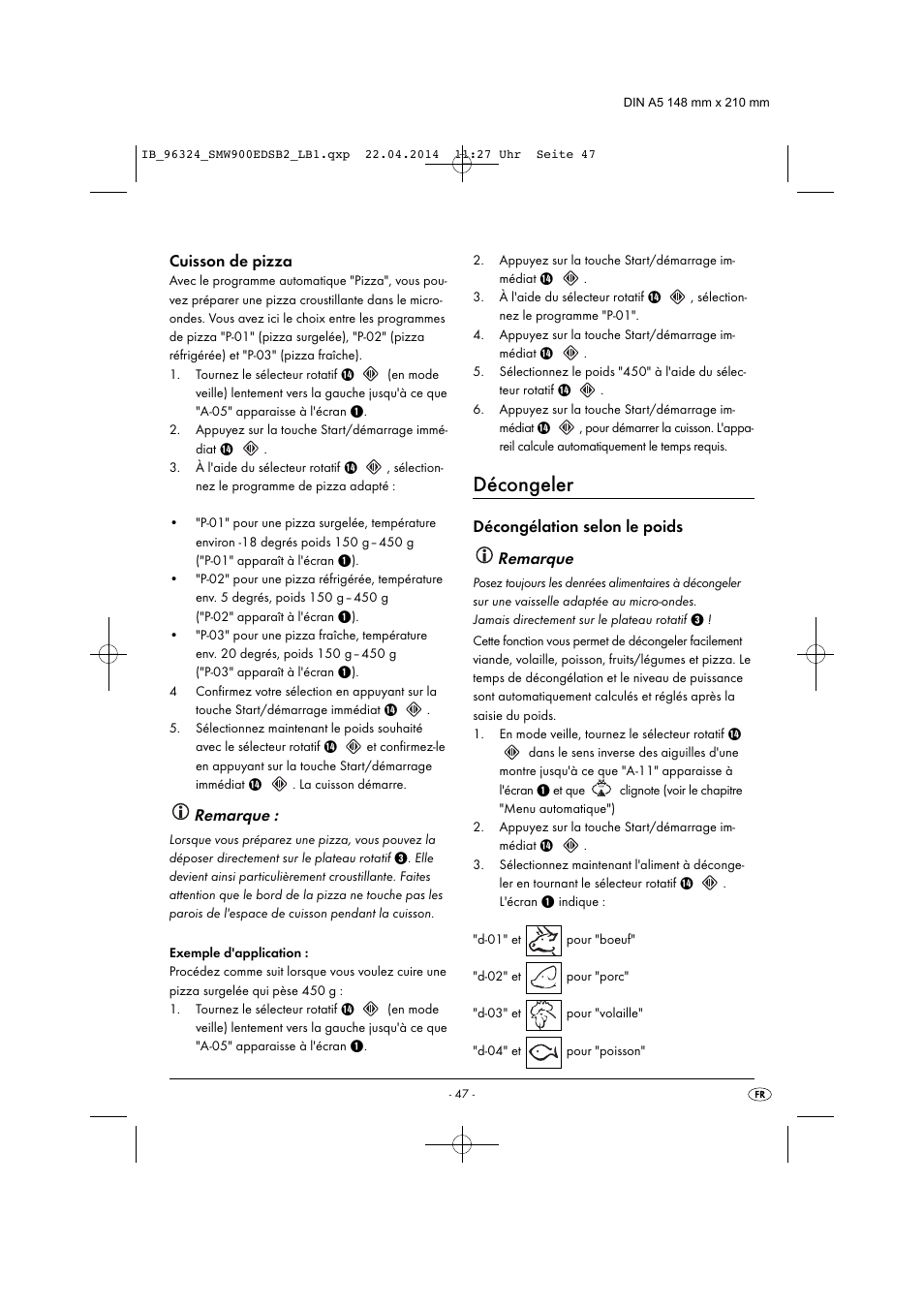 Décongeler, Remarque, Cuisson de pizza | Décongélation selon le poids | Silvercrest SMW 900 EDS B2 User Manual | Page 50 / 134