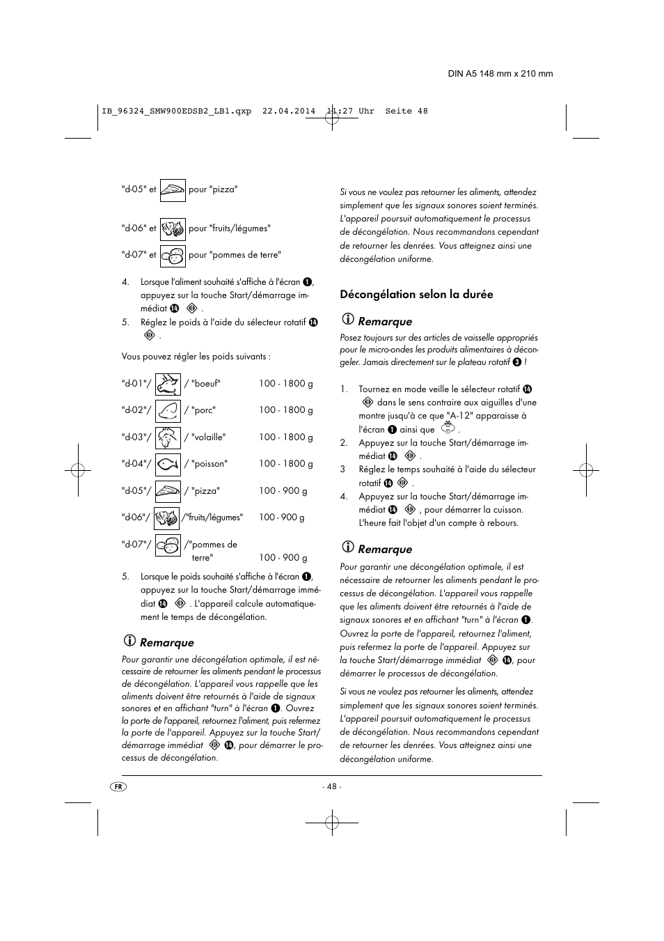 Remarque, Décongélation selon la durée | Silvercrest SMW 900 EDS B2 User Manual | Page 51 / 134