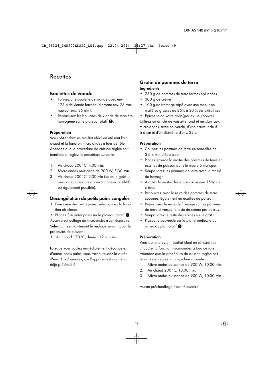 Recettes, Boulettes de viande, Décongélation de petits pains congelés | Gratin de pommes de terre | Silvercrest SMW 900 EDS B2 User Manual | Page 52 / 134