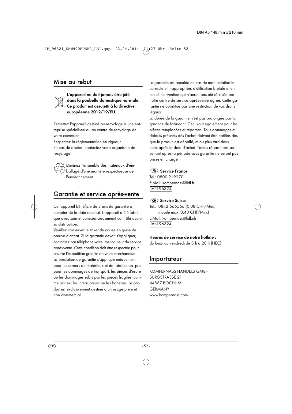 Mise au rebut, Garantie et service après-vente, Importateur | Silvercrest SMW 900 EDS B2 User Manual | Page 55 / 134