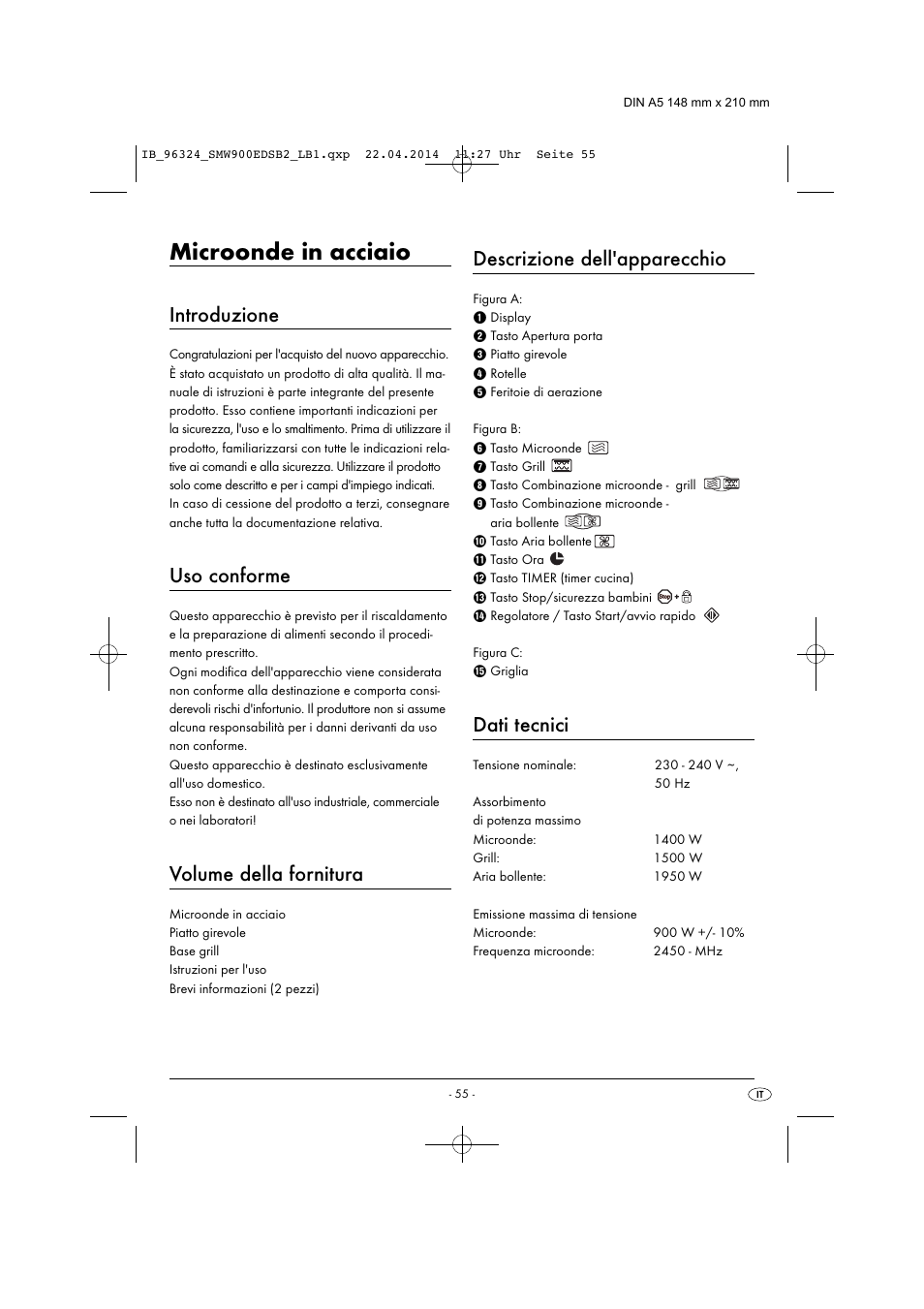 Microonde in acciaio, Introduzione, Uso conforme | Volume della fornitura, Descrizione dell'apparecchio, Dati tecnici | Silvercrest SMW 900 EDS B2 User Manual | Page 58 / 134