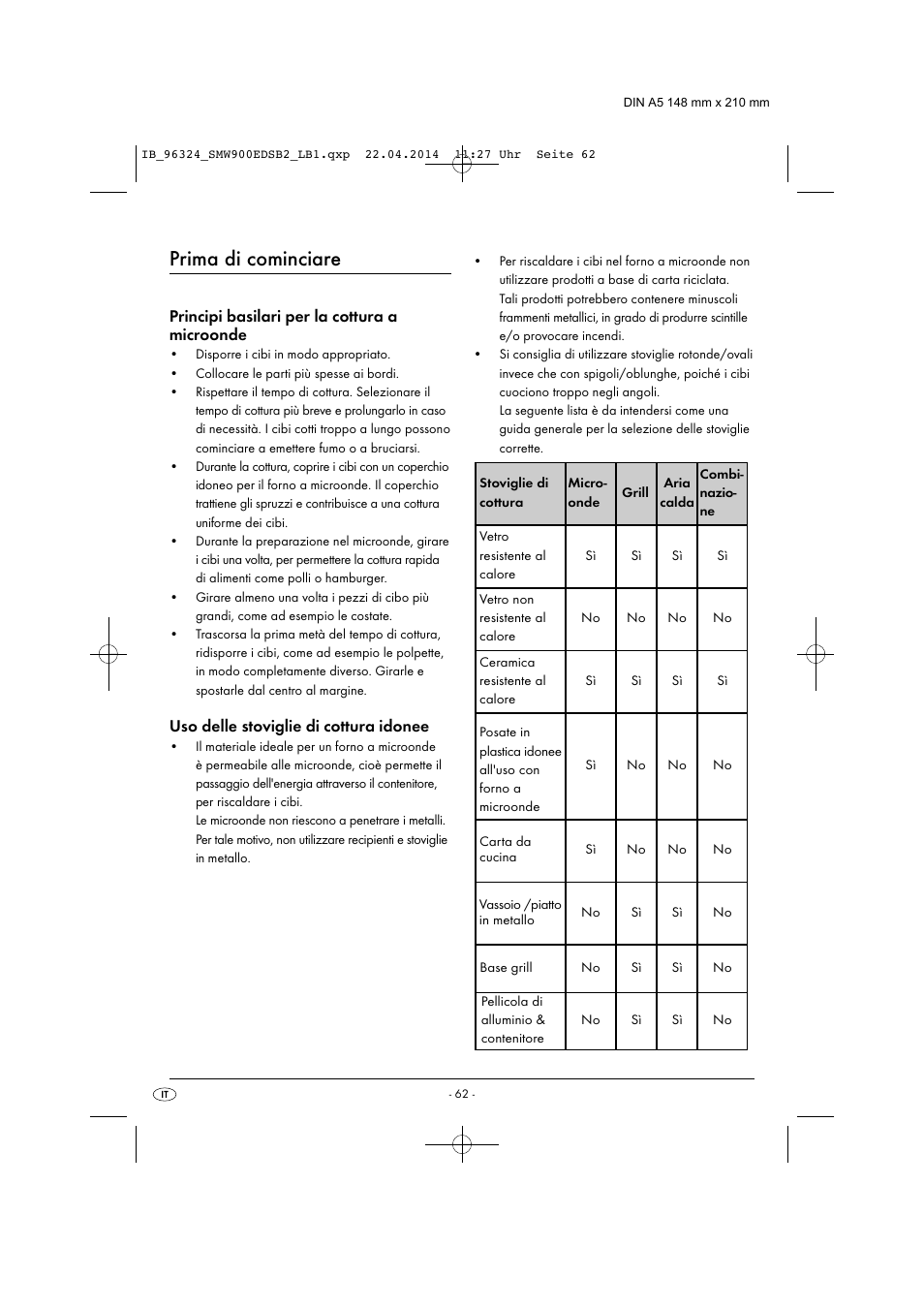 Prima di cominciare, Principi basilari per la cottura a microonde, Uso delle stoviglie di cottura idonee | Silvercrest SMW 900 EDS B2 User Manual | Page 65 / 134
