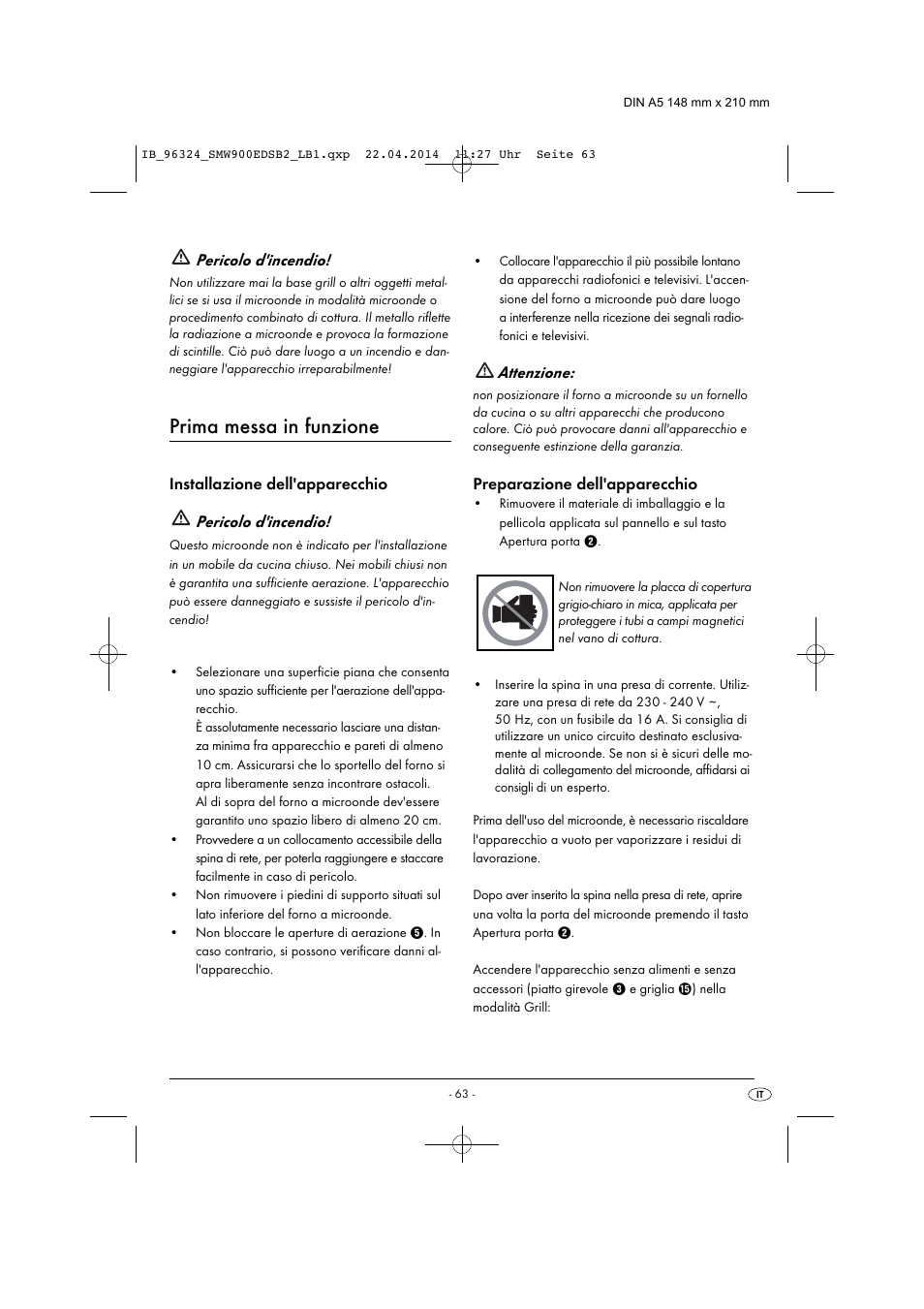 Prima messa in funzione, Pericolo d'incendio, Attenzione | Silvercrest SMW 900 EDS B2 User Manual | Page 66 / 134