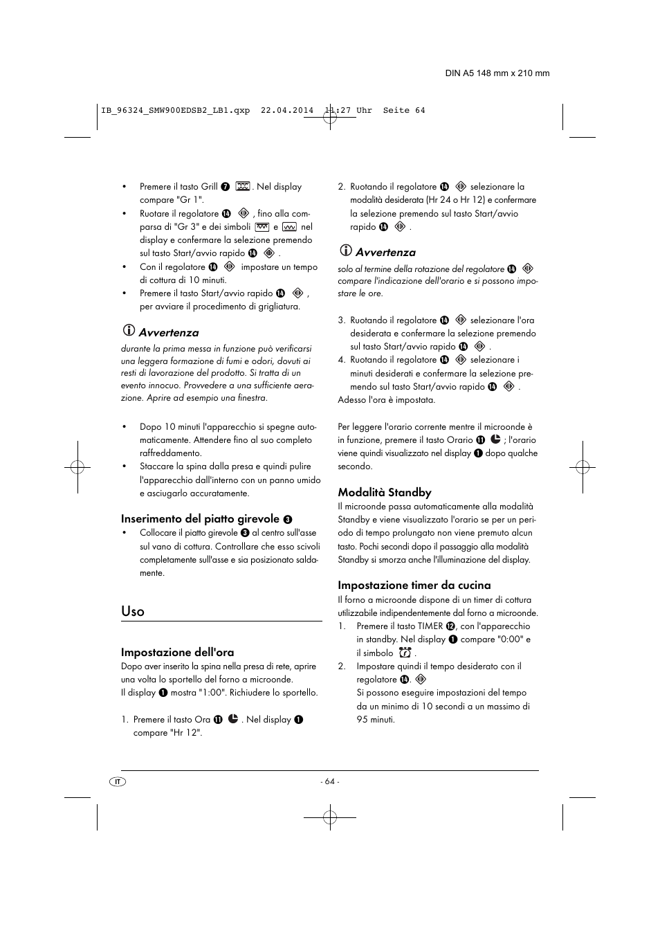 Avvertenza, Inserimento del piatto girevole, Impostazione dell'ora | Modalità standby, Impostazione timer da cucina | Silvercrest SMW 900 EDS B2 User Manual | Page 67 / 134