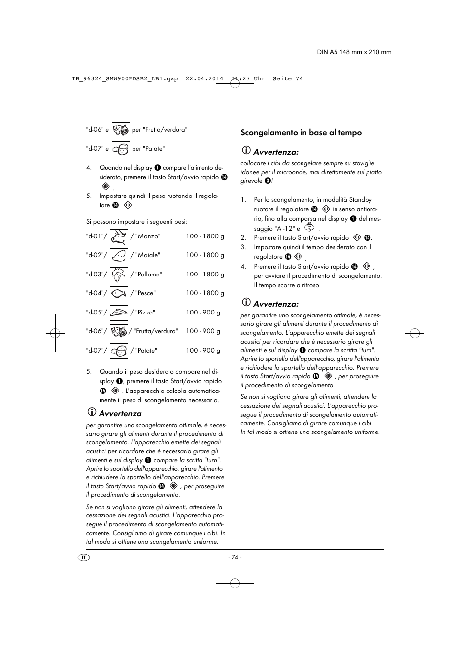 Avvertenza, Scongelamento in base al tempo | Silvercrest SMW 900 EDS B2 User Manual | Page 77 / 134