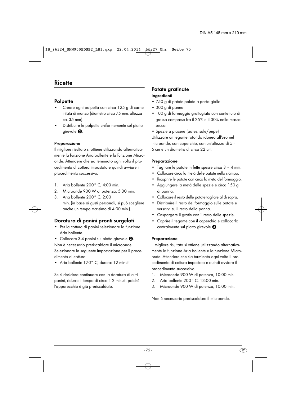 Ricette, Polpette, Doratura di panini pronti surgelati | Patate gratinate | Silvercrest SMW 900 EDS B2 User Manual | Page 78 / 134