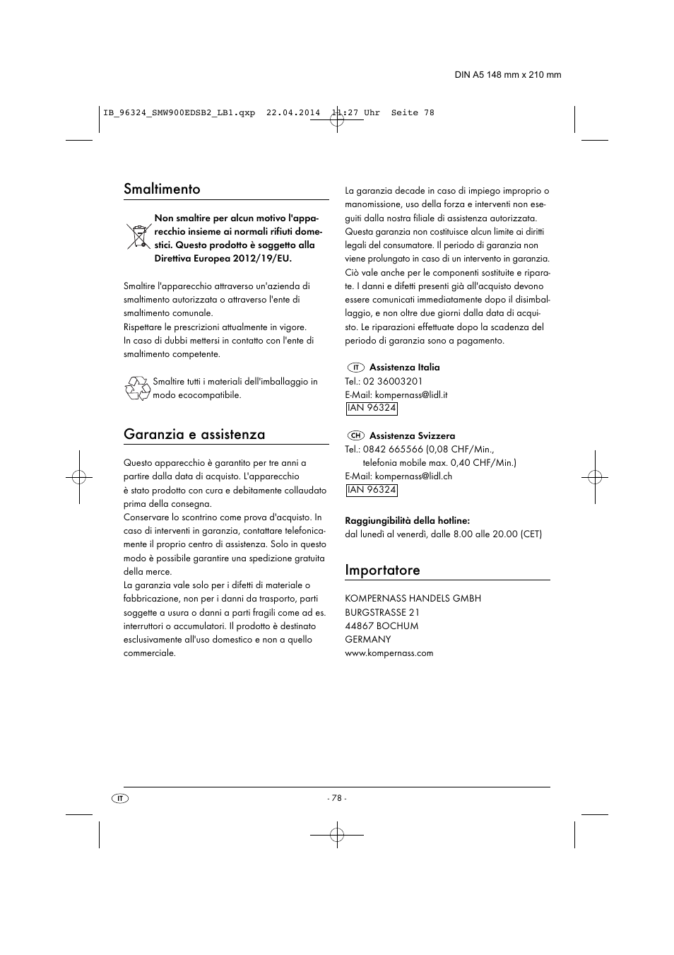 Smaltimento, Garanzia e assistenza, Importatore | Silvercrest SMW 900 EDS B2 User Manual | Page 81 / 134