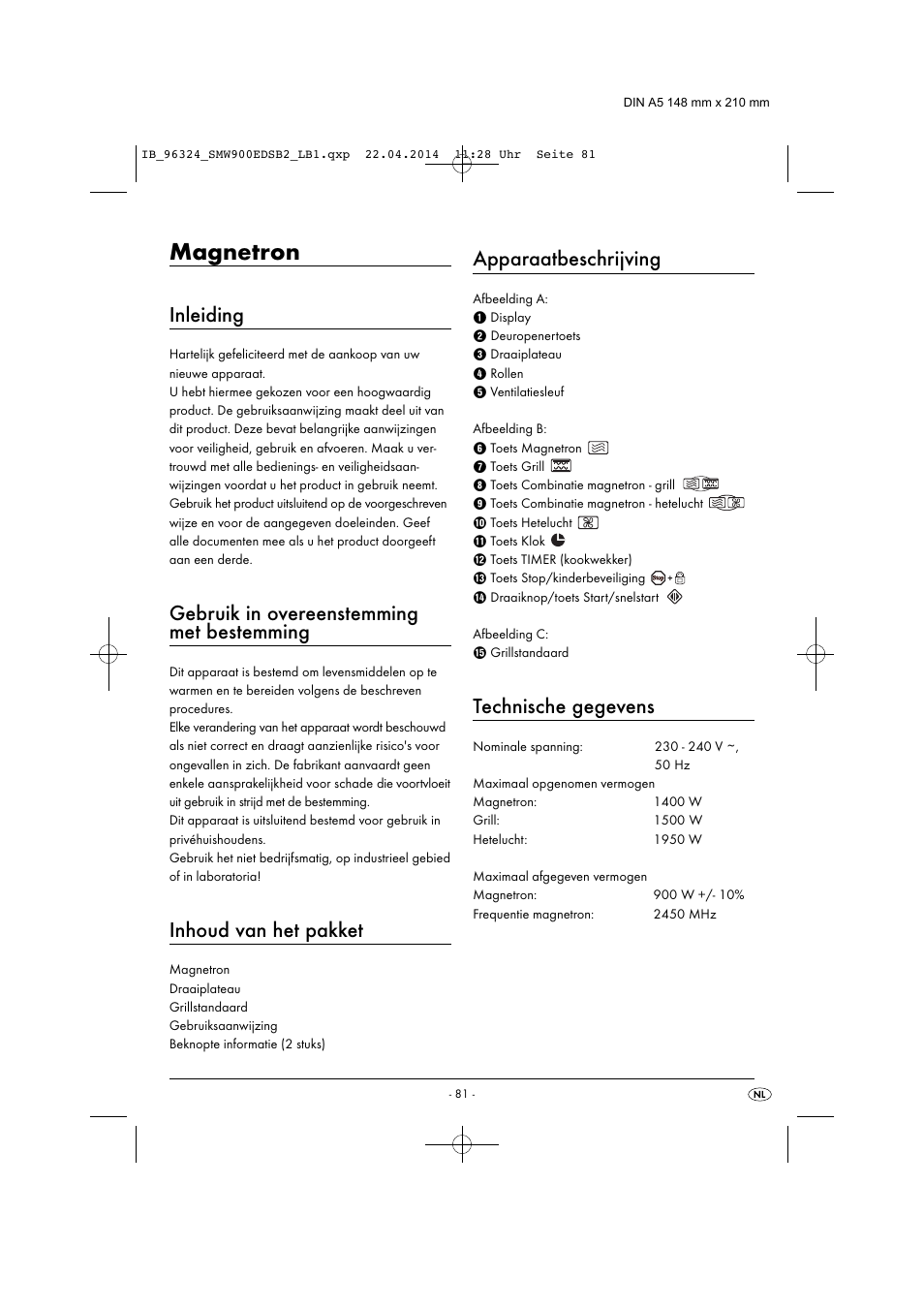 Magnetron, Inleiding, Gebruik in overeenstemming met bestemming | Inhoud van het pakket, Apparaatbeschrijving, Technische gegevens | Silvercrest SMW 900 EDS B2 User Manual | Page 84 / 134