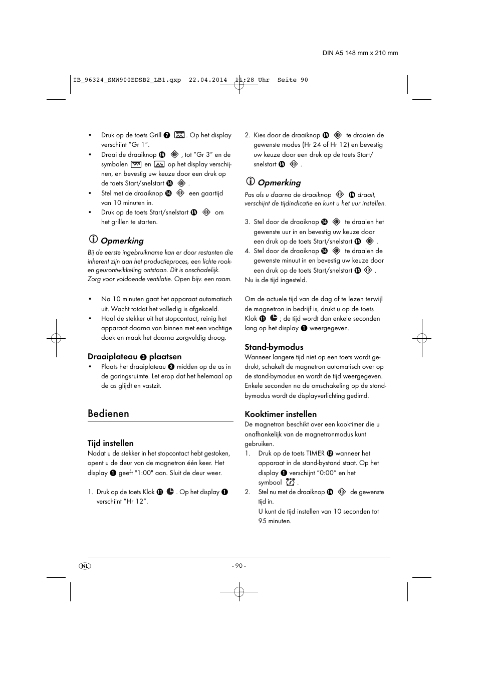 Bedienen, Opmerking, Draaiplateau | Plaatsen, Tijd instellen, Stand-bymodus, Kooktimer instellen | Silvercrest SMW 900 EDS B2 User Manual | Page 93 / 134