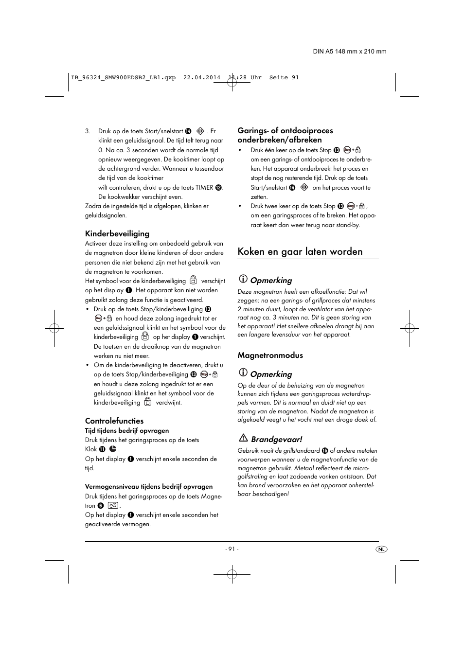 Koken en gaar laten worden, Opmerking, Brandgevaar | Silvercrest SMW 900 EDS B2 User Manual | Page 94 / 134