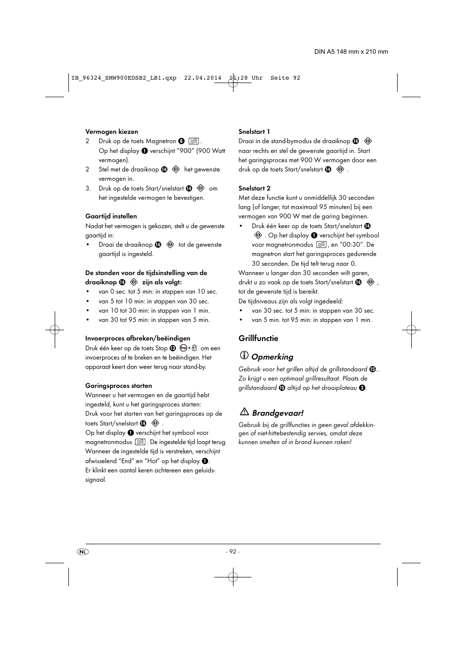 Opmerking, Brandgevaar, Grillfunctie | Silvercrest SMW 900 EDS B2 User Manual | Page 95 / 134