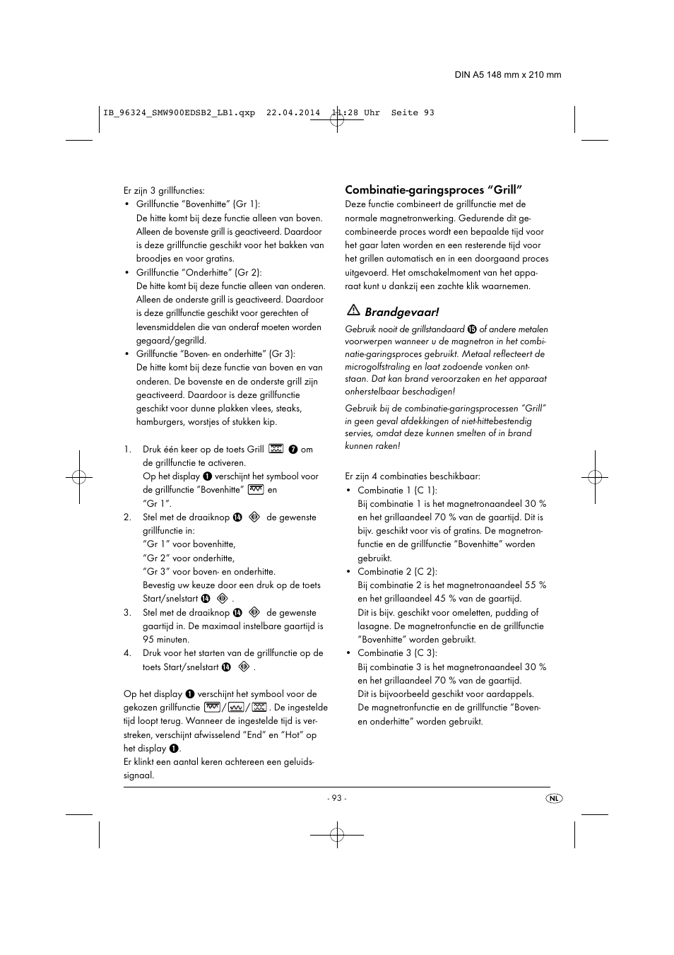 Brandgevaar, Combinatie-garingsproces “grill | Silvercrest SMW 900 EDS B2 User Manual | Page 96 / 134