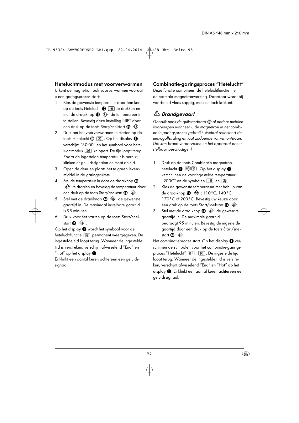 Brandgevaar, Heteluchtmodus met voorverwarmen, Combinatie-garingsproces “hetelucht | Silvercrest SMW 900 EDS B2 User Manual | Page 98 / 134