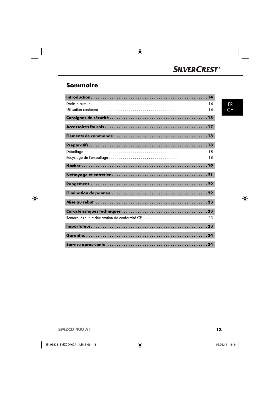 Sommaire, Fr ch | Silvercrest SMZCD 400 A1 User Manual | Page 16 / 64