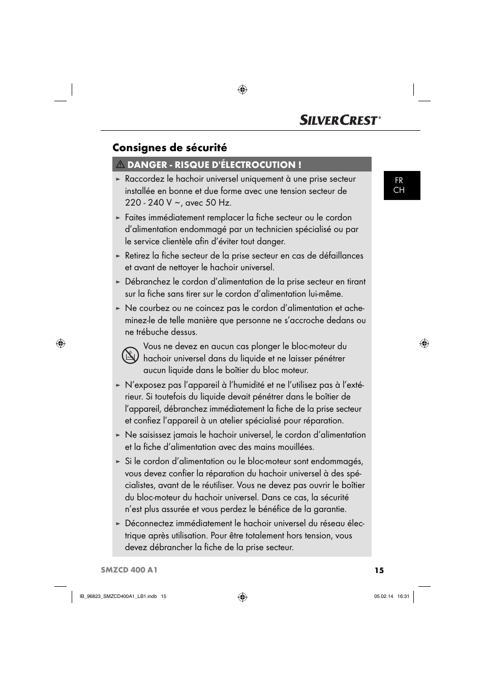 Consignes de sécurité, Danger - risque d'électrocution | Silvercrest SMZCD 400 A1 User Manual | Page 18 / 64