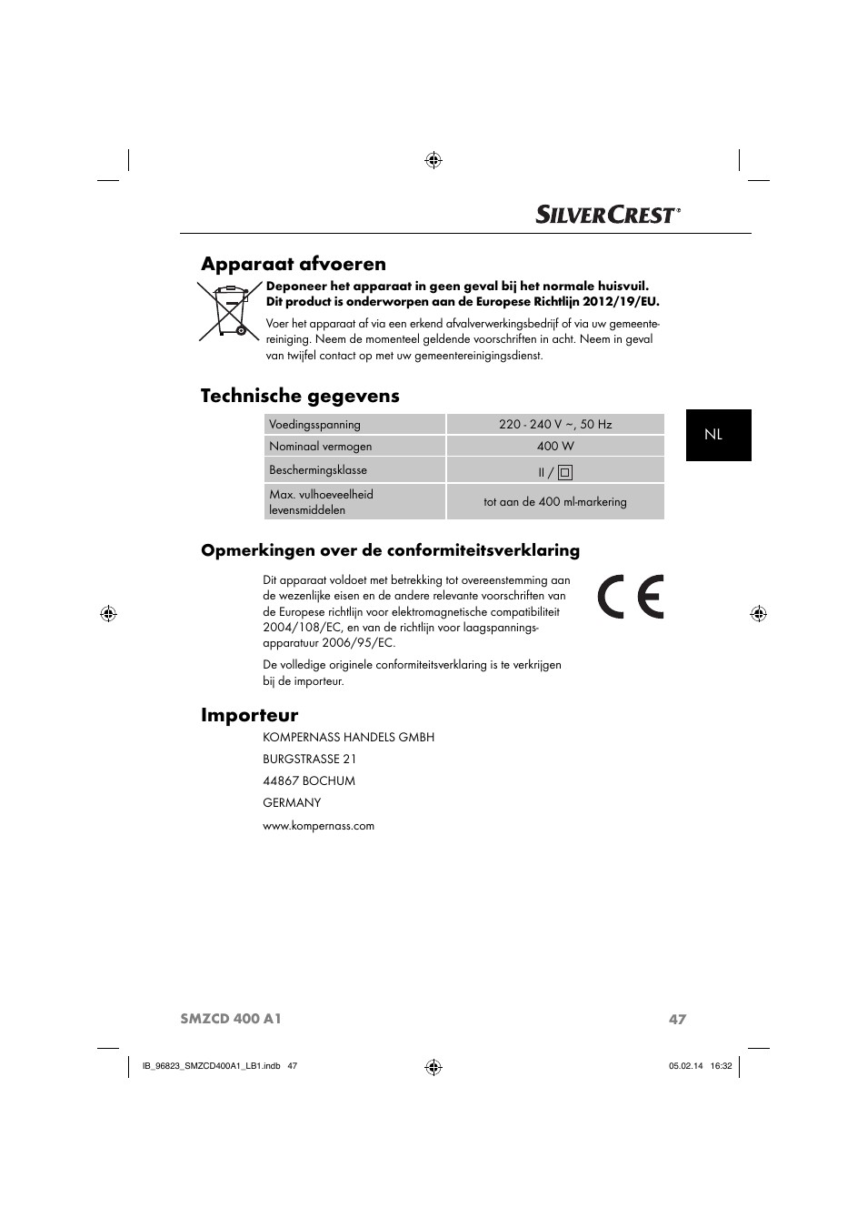 Apparaat afvoeren, Technische gegevens, Importeur | Opmerkingen over de conformiteitsverklaring | Silvercrest SMZCD 400 A1 User Manual | Page 50 / 64