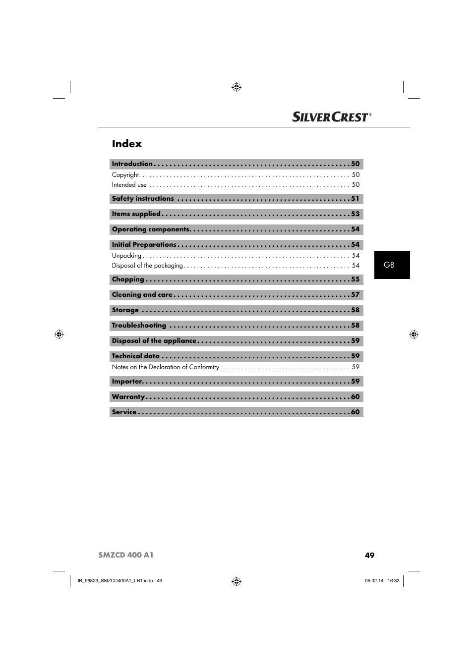 Index | Silvercrest SMZCD 400 A1 User Manual | Page 52 / 64