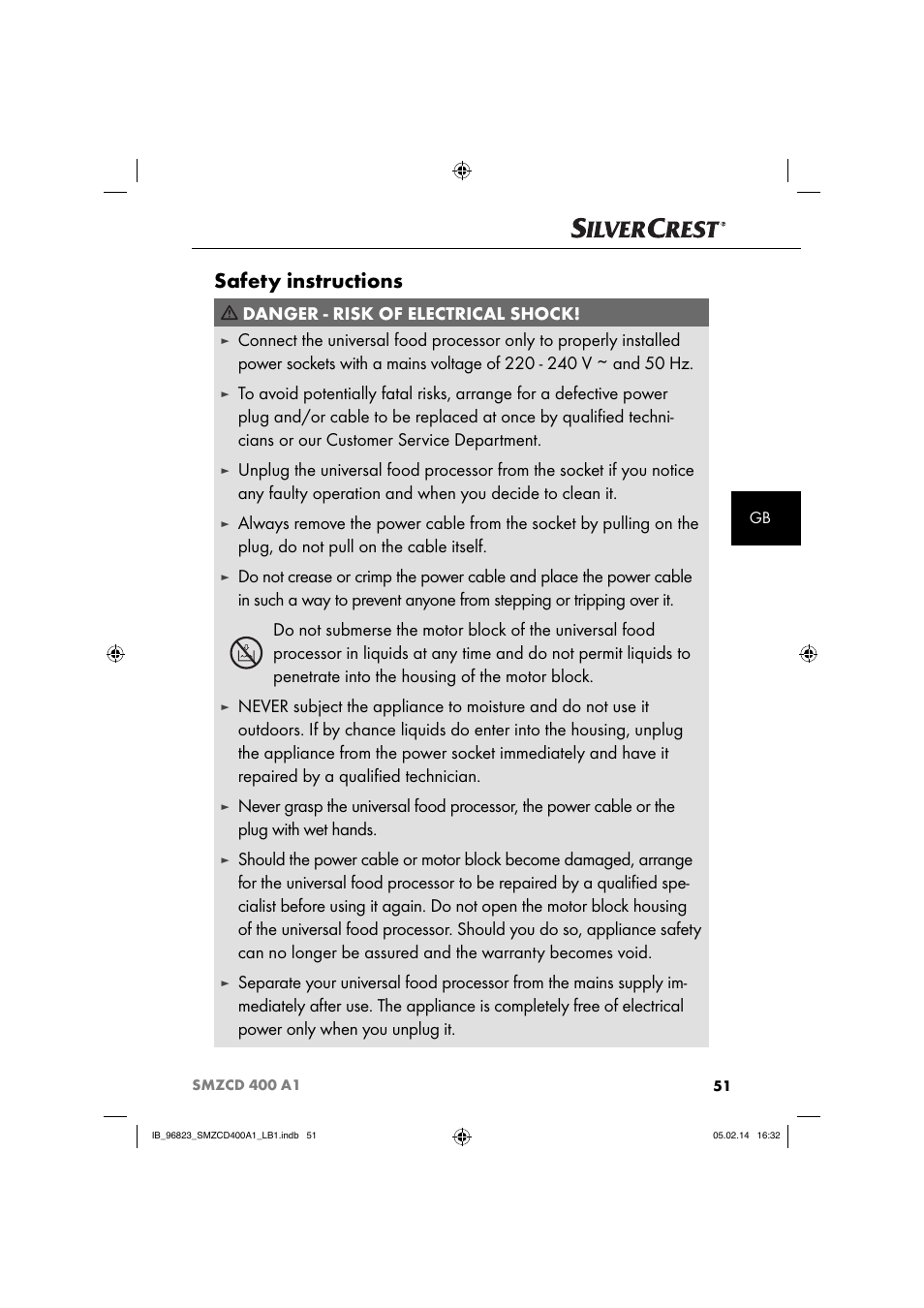 Safety instructions, Danger - risk of electrical shock | Silvercrest SMZCD 400 A1 User Manual | Page 54 / 64
