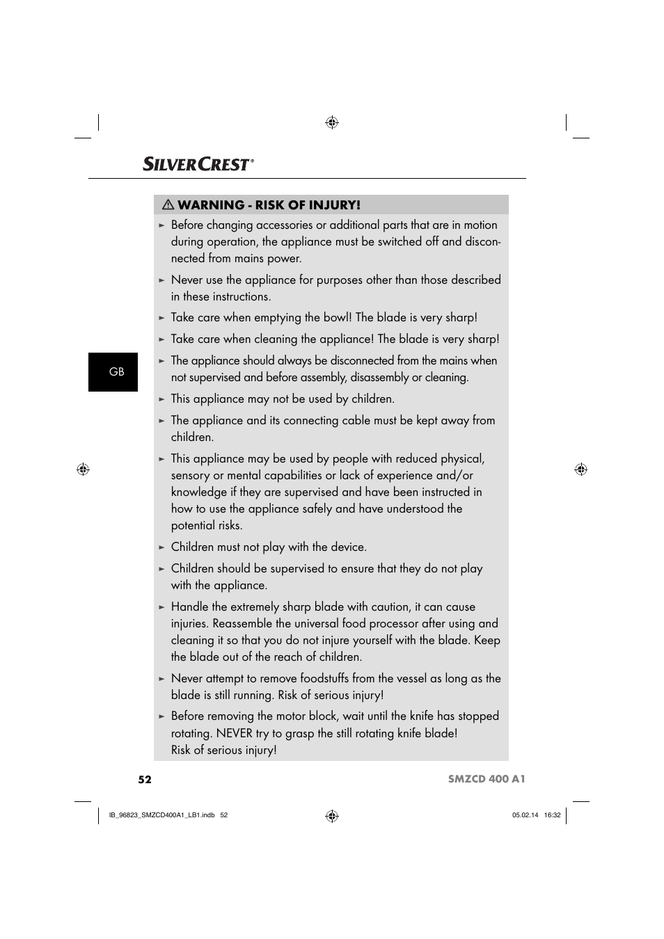 Warning - risk of injury, This appliance may not be used by children, Children must not play with the device | Silvercrest SMZCD 400 A1 User Manual | Page 55 / 64