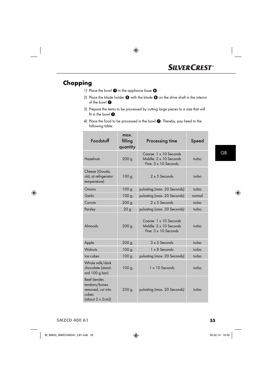 Chopping | Silvercrest SMZCD 400 A1 User Manual | Page 58 / 64