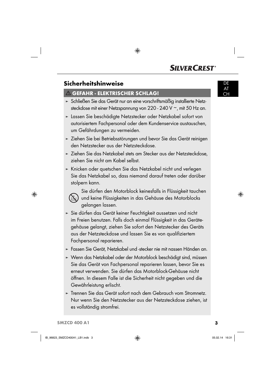 Sicherheitshinweise, Gefahr - elektrischer schlag | Silvercrest SMZCD 400 A1 User Manual | Page 6 / 64
