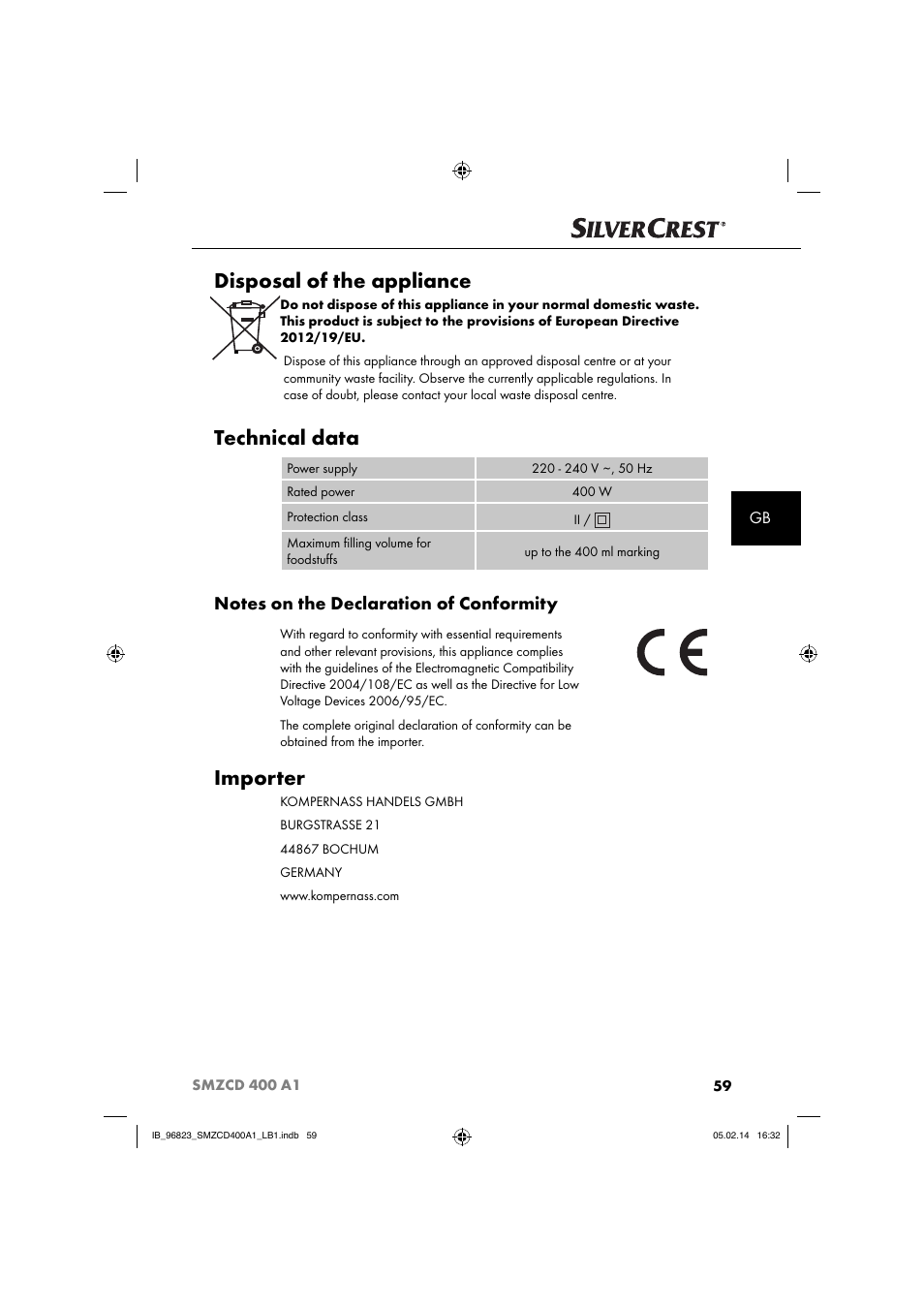 Disposal of the appliance, Technical data, Importer | Silvercrest SMZCD 400 A1 User Manual | Page 62 / 64